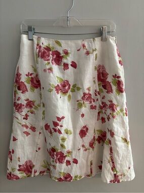 Deane & White Floral 100% Linen A-Line Paneled Midi Skirt Pink Red Roses Size 6